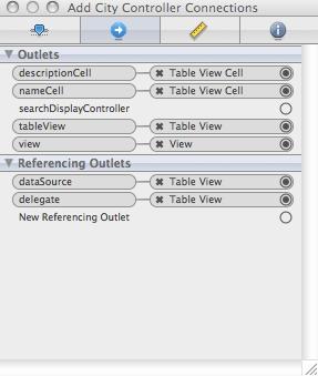 The Connections tab of the Inspector window after making all the necessary connections inside Interface Builder between the various components