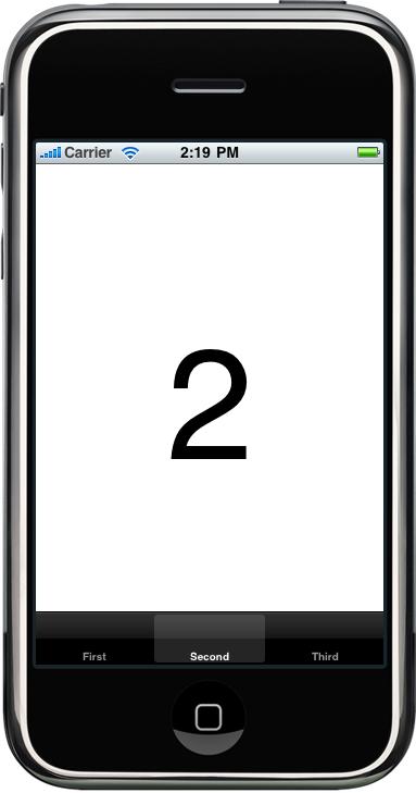 The tab bar application running in the simulator with SecondView selected as the active tab