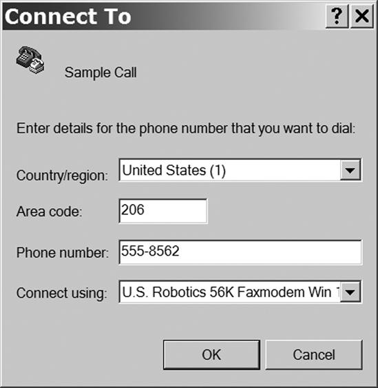 The Connect To dialog in HyperTerminal includes space for an area code and telephone number.