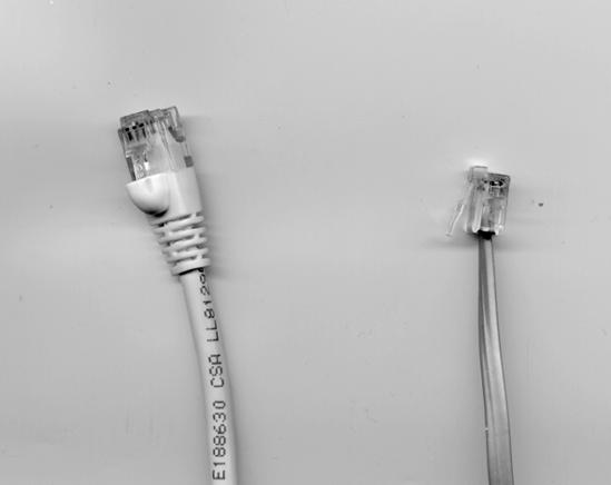 An RJ-45 data plug (left) has eight wires; an RJ-11 telephone plug (right) has four or six wires.