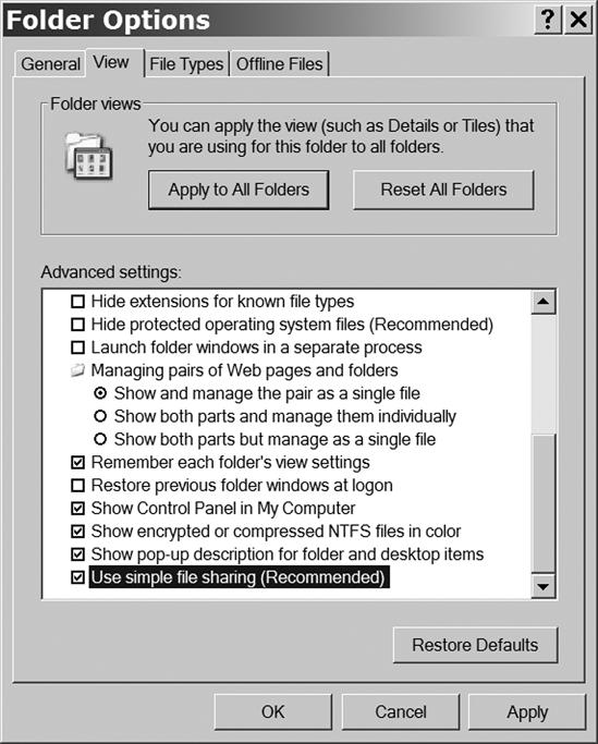 Use the Folder Options window to turn Simple File Sharing on or off.