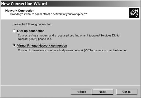 Select the Virtual Private Network connection option to create a VPN connection.