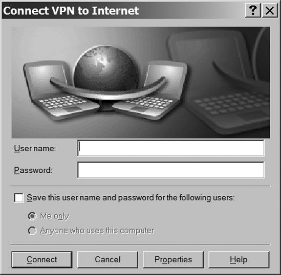 Use the Connect VPN to Internet window to configure a VPN in Windows XP.