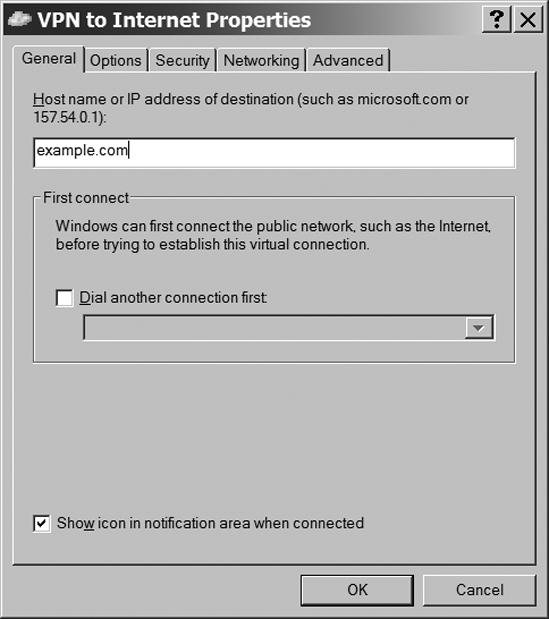 The General tab controls the destination of a VPN connection.