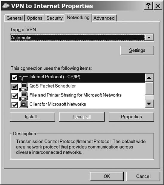 The Networking tab controls the VPN's network configuration options.