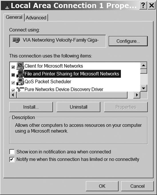 File and Printer Sharing for Microsoft Networks must be active for you to share access to a printer.