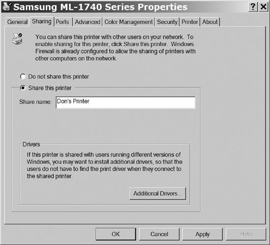 Use the Sharing tab of the printer's Properties dialog to turn on sharing.