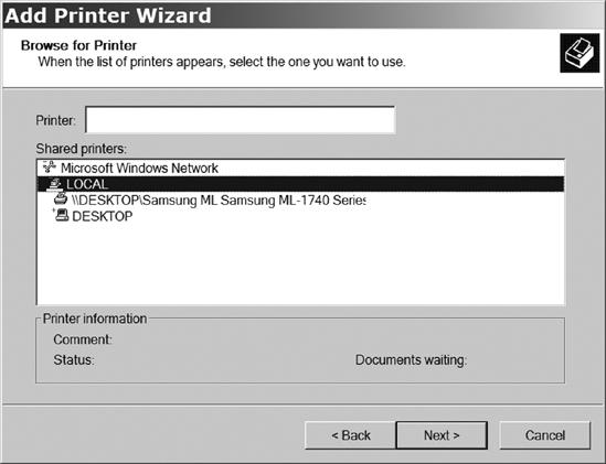 The Browse for Printer screen shows a list of all the shared printers connected to this network.