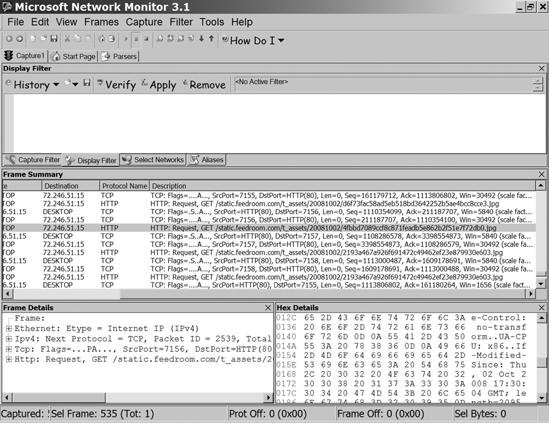 Microsoft Network Monitor displays detailed information about network data.