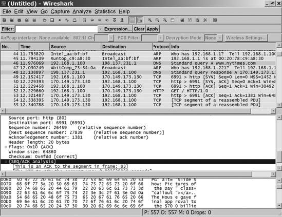 Wireshark uses contrasting colors to show different kinds of data frames.