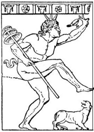 Satyr—goat-man and faun—deer-man, dancing, with drinking cup and a panther, the animal familiar of the god of ecstasy.