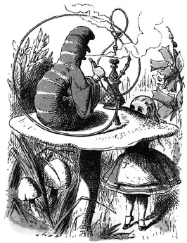 Caterpillar using a hookah and seated on a mushroom in Alice in Wonderland