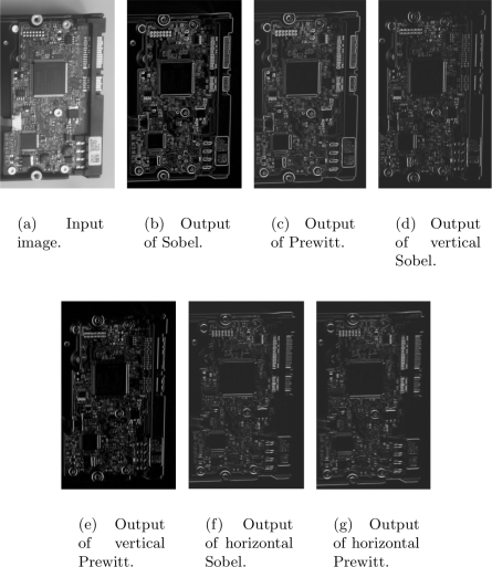 Figure showing Output from vertical, horizontal and regular Sobel and Prewitt filters.