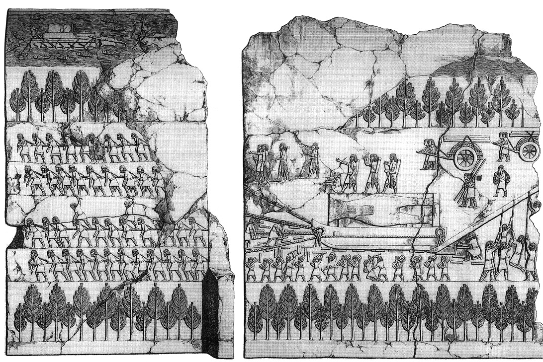 Il trasporto a Ninive dei tori alati colossali in un rilievo di Sennacherib.