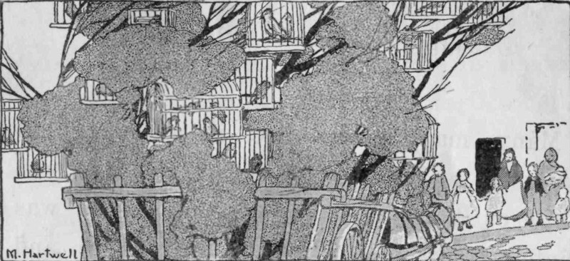 The wagon filled with branches and cages