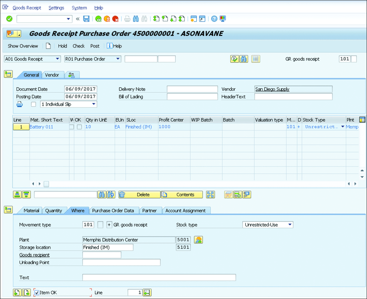 SAP Business Suite: Transaction MIGO Goods Receipt Screen