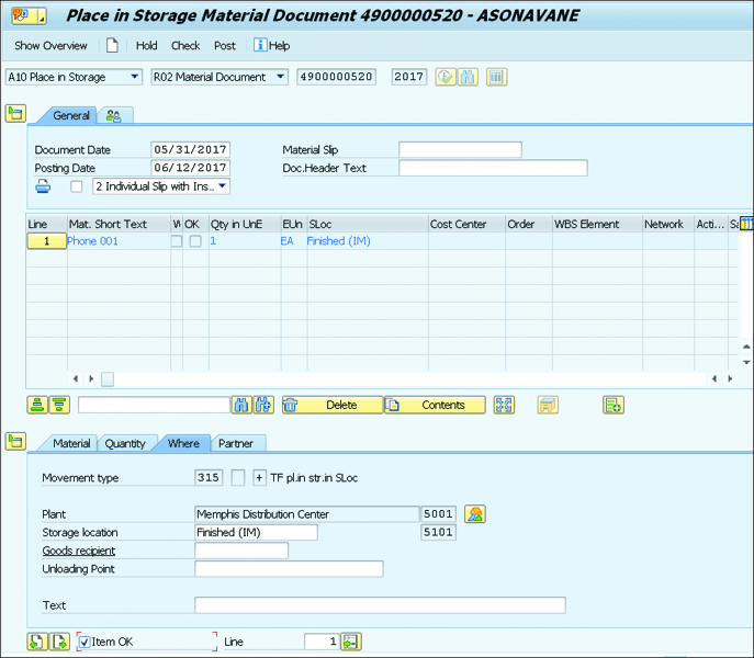 Transaction MIGO Place in Storage Screen