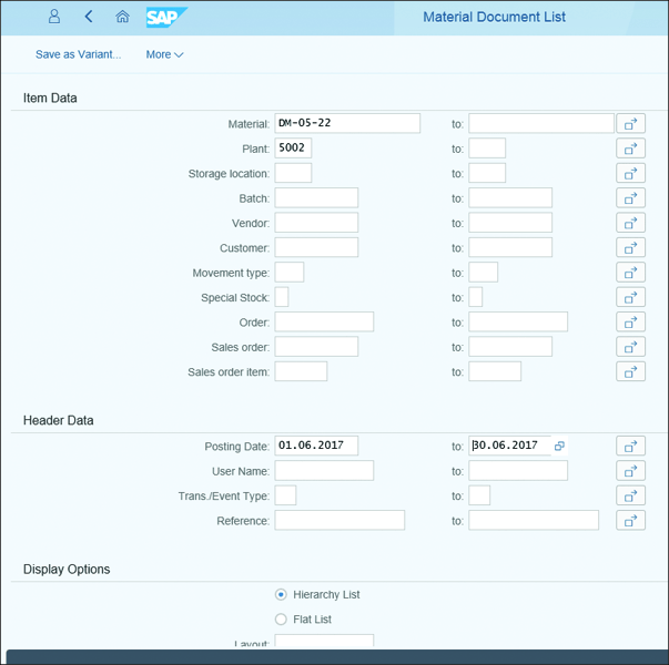 Material Document List: Initial Screen