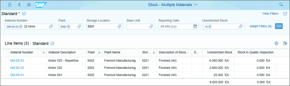 Stock Overview Multiple Materials