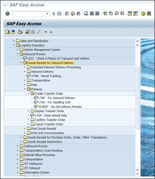 Menu Path for the Inbound Warehouse Management Transactions in SAP S/4HANA