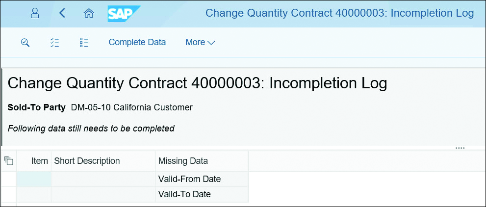 Example of Incompletion Log Results from the Incomplete Contracts List