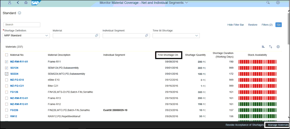 Monitor Material Coverage App with Shortage Information