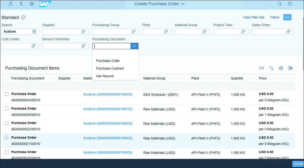 Create Purchase Order App Options