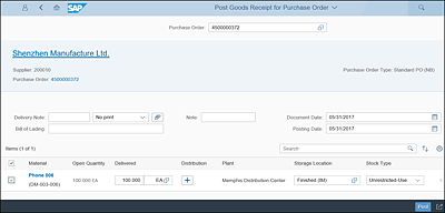 Initial PO Receipt Processing SAP Fiori App Screen