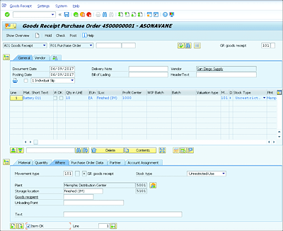 SAP Business Suite: Transaction MIGO Goods Receipt Screen