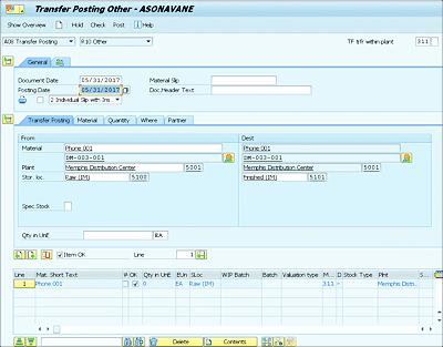 Transaction MIGO: Transfer Posting Other Screen