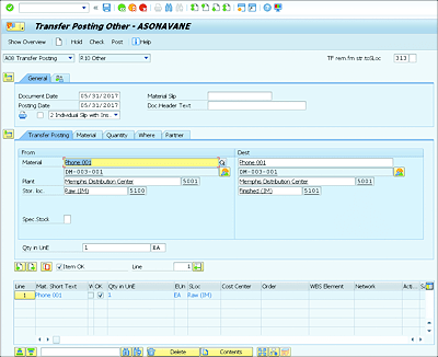 Transaction MIGO Transfer Posting 313 Movement Type from Source Location to Destination Location