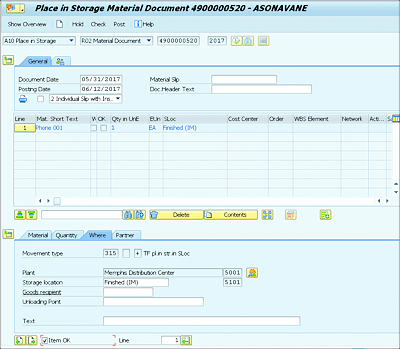 Transaction MIGO Place in Storage Screen