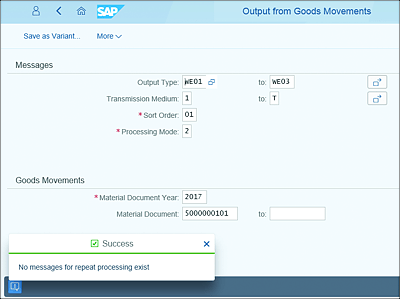 Output Material Document Success Message