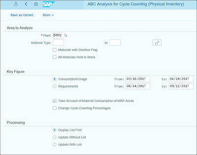 ABC Analysis for Cycle Counting (Physical Inventory) App: Initial Screen