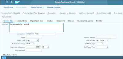 Create Technical Object Data Entry Screen