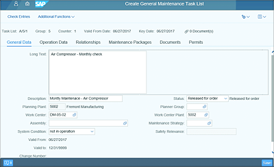 Detailed Task List Processing Screen