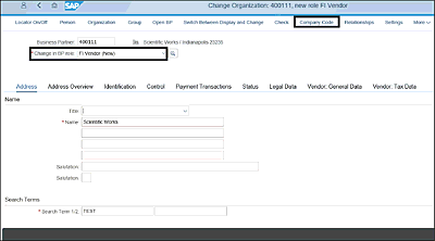 Company Code View from Business Partner Role FI Vendor