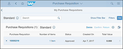 Purchase Requisition Status from My Purchase Requisitions App