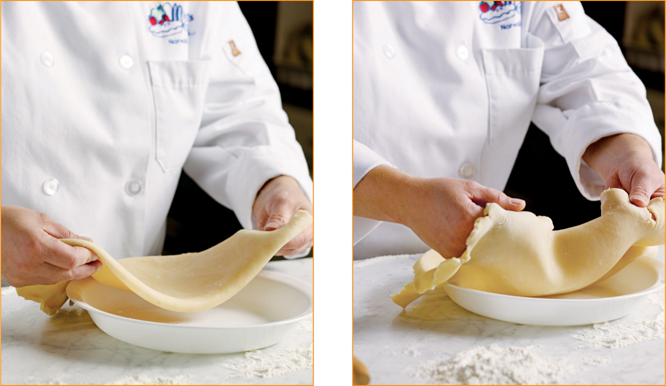 unfolding dough and placing it in pie dish