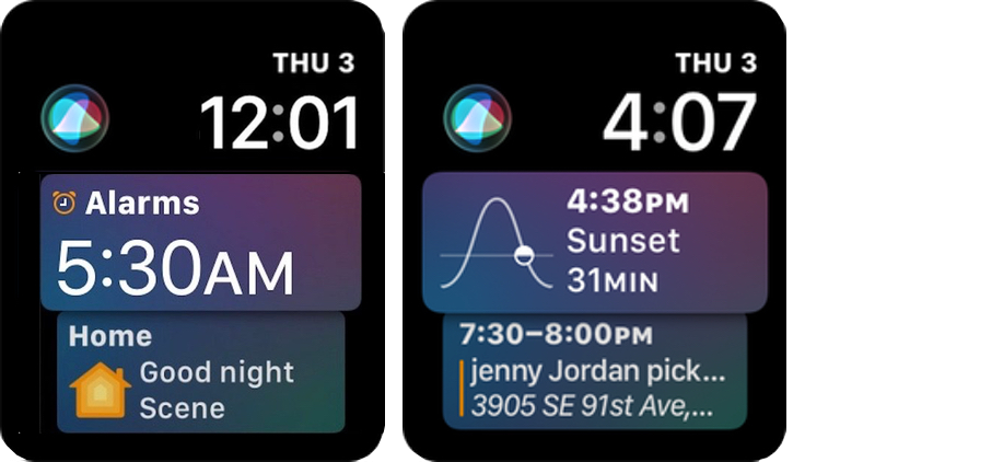 Figure 10: The Siri watch face lets you invoke Siri with one tap and displays information based on what it anticipates you might need.