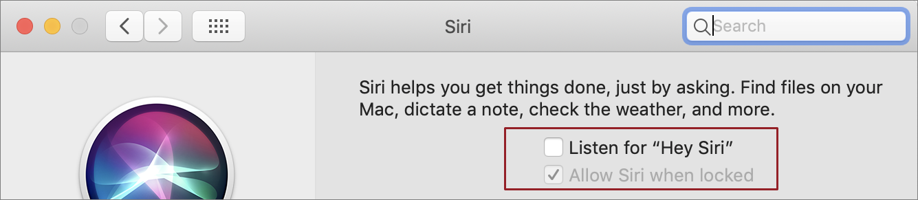 Figure 19: If you have a Mac that supports Siri voice activation, an option to enable “Hey Siri” appears in System Preferences (boxed).