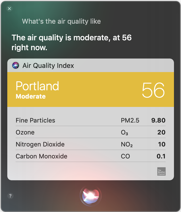 Figure 31: Whether it’s wildfire season again or smog has settled on your town, Siri has detailed air quality information.