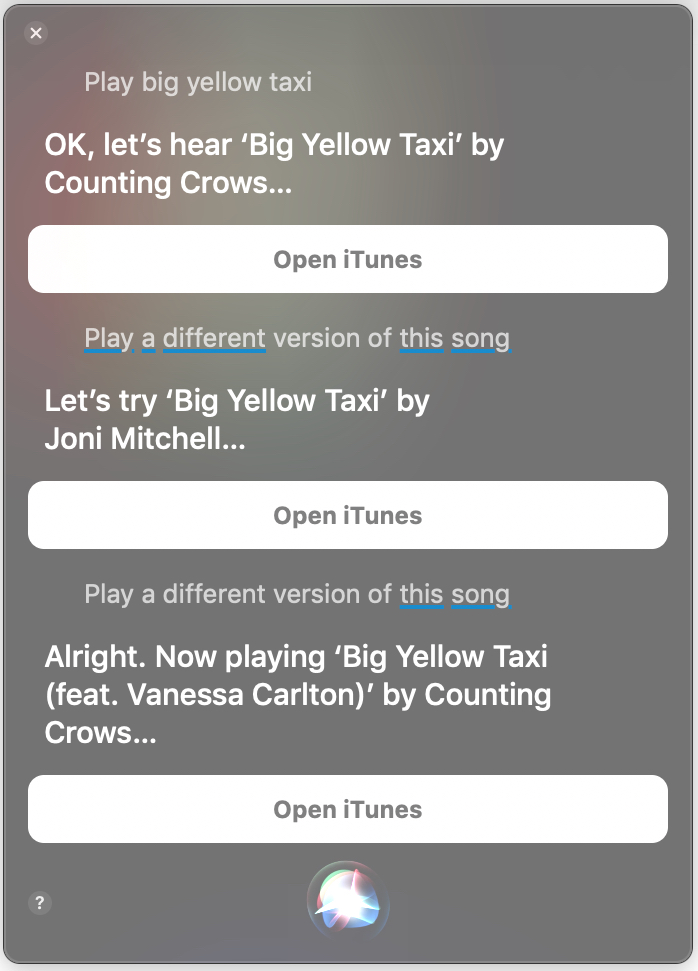 Figure 39: Apple Music subscribers can ask to hear different versions of a song, often with interesting results. (Purists will note, of course, that Joni Mitchell sang the original version of this song.)