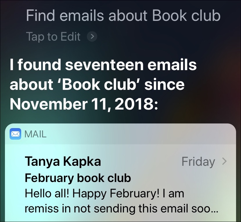 Figure 59: Use Siri to find emails about a particular subject.