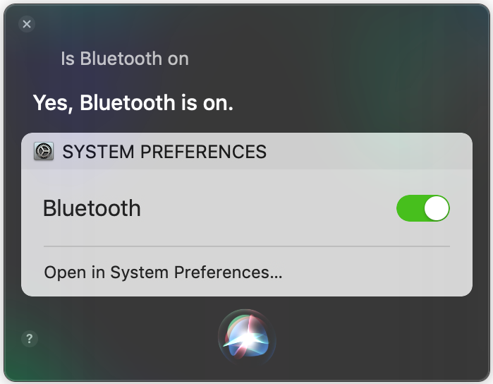 Figure 64: Siri can check—and change—system settings, for example, whether Bluetooth is off or on, shown here.