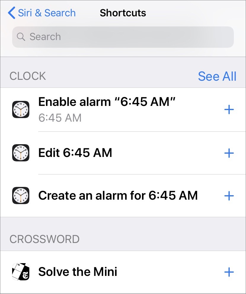 Figure 79: Tap All Shortcuts to see a list of suggestions organized by app.