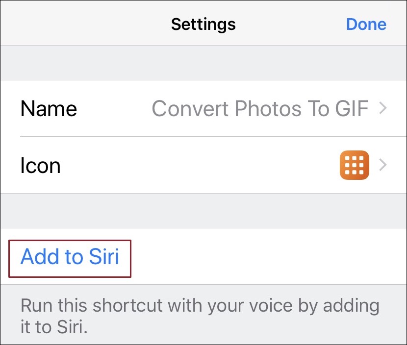 Figure 81: To add a Siri trigger phrase to a shortcut you get from the Gallery or online, tap “Add to Siri” (boxed).