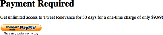Tweet Relevance implements the Checkout Entry Point by presenting an opportunity for the user to purchase login requests. Clicking the “Checkout with PayPal” button invokes SetExpressCheckout and initiates the checkout process. (See Steps 1 and 2 of .)