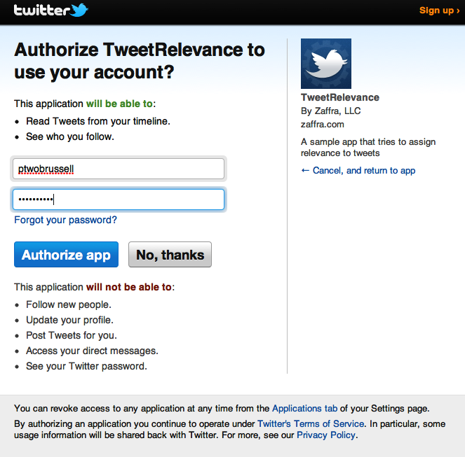 Clicking the Login button triggers /login, which redirects to Twitter for authentication and authorization. Twitter redirects back to /app and passes along query string parameters that Tweet Relevance can use to access the user’s information such as email address and tweet data