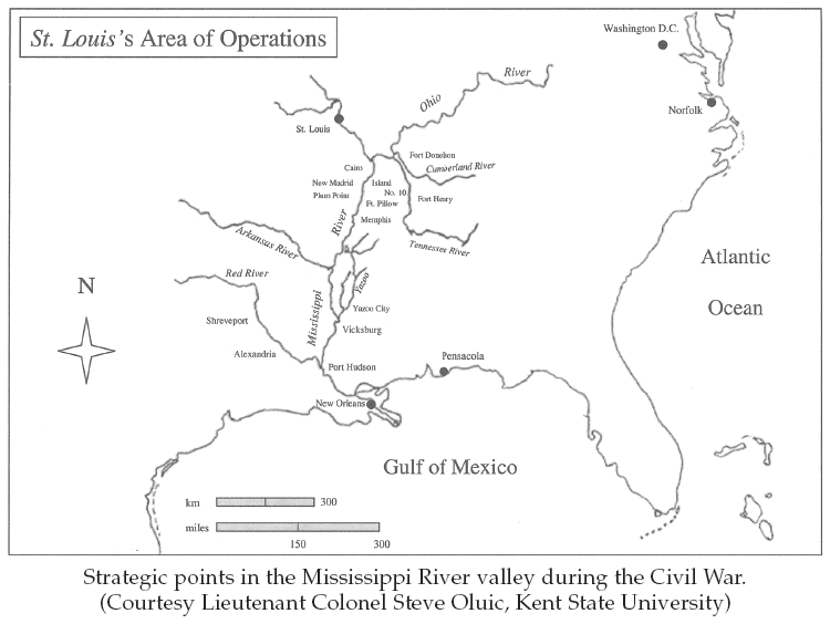 Image: Strategic points in the Mississippi River valley during the Civil War. (Courtesy Lieutenant Colonel Steve Oluic, Kent State University)